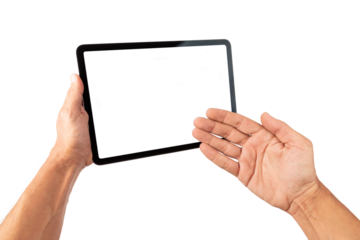 Male hands showing a digital tablet blanc screen isolated no background