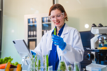 Middle-aged female laboratory worker wearing blue gloves conducts lab test on food ingredients...