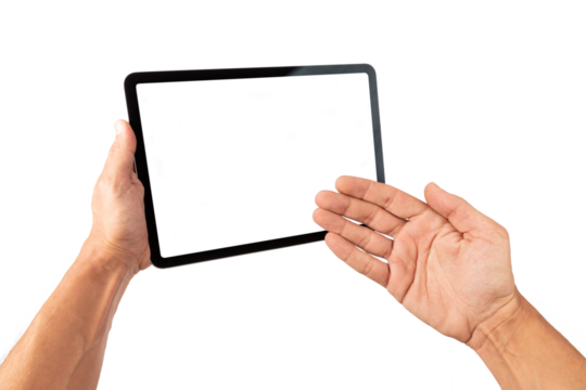 Male hands showing a digital tablet blanc screen isolated no background