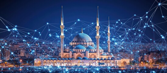 Fototapeta premium A beautiful mosque with modern technology network overlayed