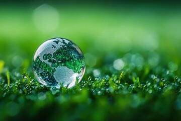 Crystal Clear Globe on Fresh Green Grass with Dewdrops Reflecting Nature's Beauty