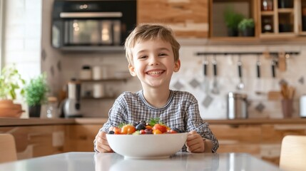 Young boy sitting at a table with a bowl of fresh fruit looking cheerful and enjoying his snack