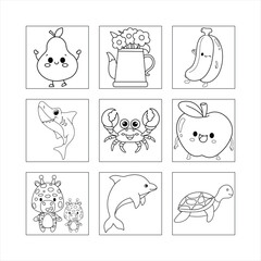 Vector set of funny cartoon animal icons featuring dog, cat, and rabbit sketches