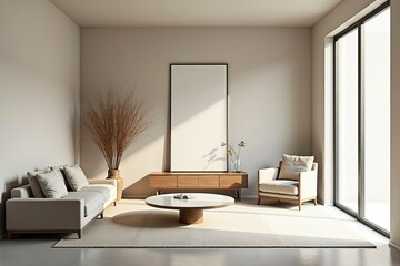 Minimalist modern interior with clean lines and simple furniture, embodying serene simplicity and functional elegance.