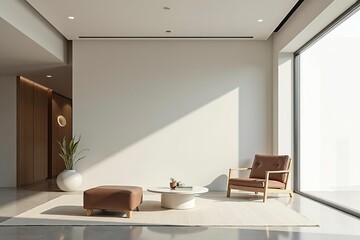 Minimalist modern interior with clean lines and simple furniture, embodying serene simplicity and functional elegance.