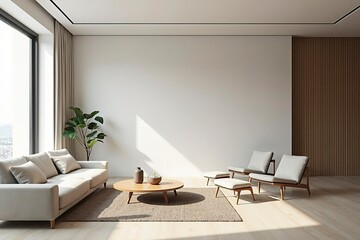 Minimalist modern interior with clean lines and simple furniture, embodying serene simplicity and functional elegance.