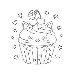 Cute cupcake cartoon. Outline black and white image. Coloring book page