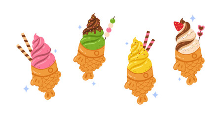 Flat design taiyaki ice cream set illustration