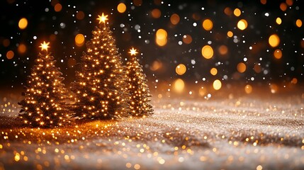 Naklejka premium Three lit Christmas trees with stars and glittering snow effect