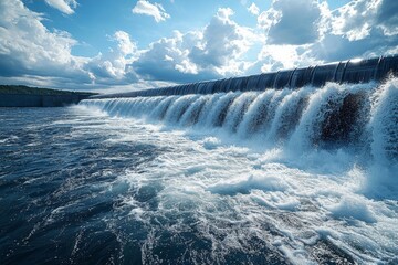 Scenic Waterfall Dam Under a Cloudy Sky: Cascading Water and the Power of Nature, with a Forest Horizon and the Majesty of a Hydroelectric Structure.