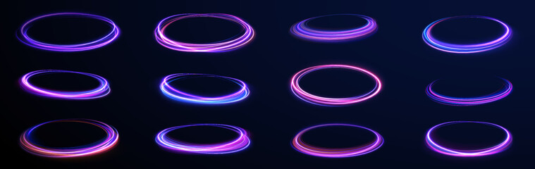 Futuristic Halo Motion: A Dynamic Collection of Brightly Glowing Circular Streaks in Shades of Blue, Purple, and Orange, Floating Elegantly in a Vast, Cosmic, Digital Dreamscape