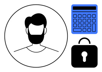 Profile silhouette in circle alongside a secured lock and calculator. Ideal for finance, cybersecurity, privacy, user identity, digital safety, online accounts, authentication. Flat simple metaphor