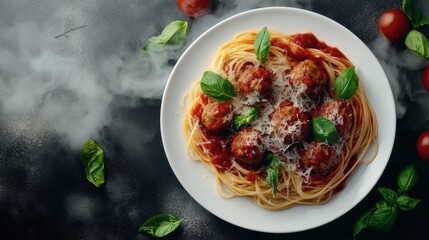 Plate of spaghetti topped with meat and tomato sauce on a wooden table