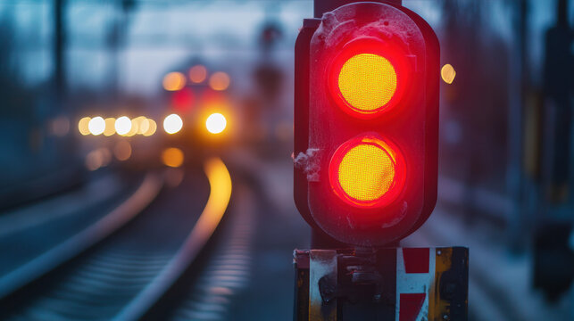 A bright red signal light stands prominently as a warning for an approaching train at dusk. Soft lights from the train can be seen in the background, creating a dramatic effect