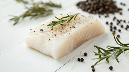 A fresh white fish fillet is placed on a wooden surface, topped with a sprig of rosemary and sprinkled with black pepper, suggesting preparation for a delicious meal