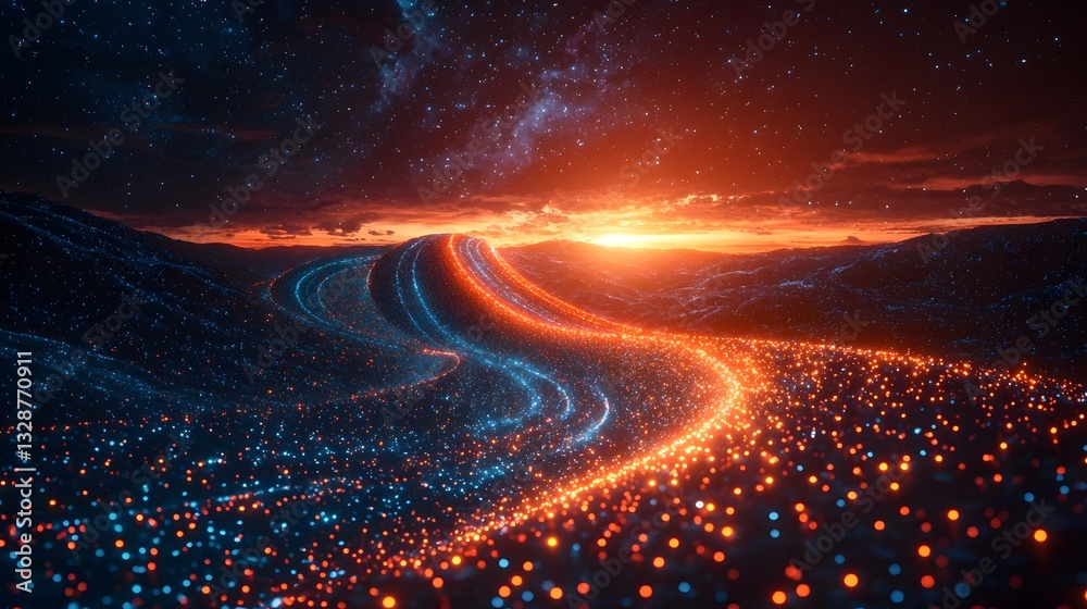 Poster glowing quantum particles bridge connecting continents representing the power of quantum networks