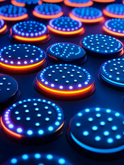 Illuminated circular panels with vibrant blue and orange LED lights, arranged in a grid pattern on a dark surface