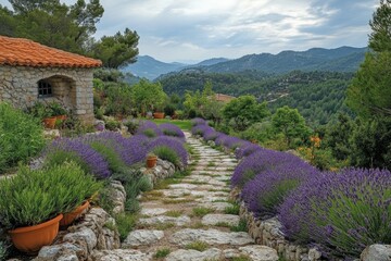 Picturesque Lavender Path to Serenity: Stone Cottage and Purple Blooms Overlooking Verdant Hills in a French Countryside Landscape
