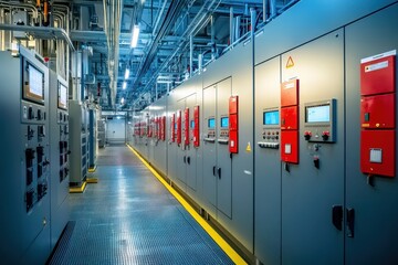 Hydroelectric Power Station Next to a Serene River Surrounded by Lush Green Mountains and Clear Blue Skies