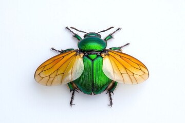 Shiny Green Scarab Beetle Opening Golden Wings on White Background