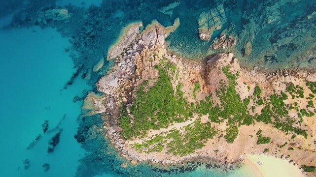 This breathtaking image showcases the pristine sandy beach of El Gliaa in Bizerte, surrounded by lush greenery and crystal-clear waters, perfect for a relaxing getaway.