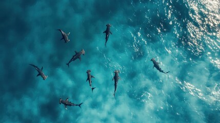 Aerial spectacle congregation of hammerhead sharks gracefully swimming in turquoise waters