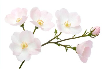 Blooming Pink Wild Rose Branch with Buds Isolated on White Background
