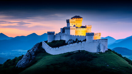 Obraz premium Illuminated hilltop castle at dusk, majestic silhouette against a vibrant sunset sky and mountain range