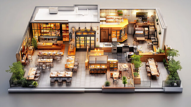 3D Render of a family-friendly restaurant with multiple dining sections, a play area, and a large kitchen, floor plan
