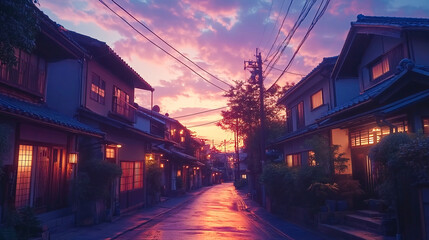A beautiful japanese tokyo city town in the evening. houses at the street. anime comics artstyle. cozy lofi asian architecture. 16:9 4k resolution