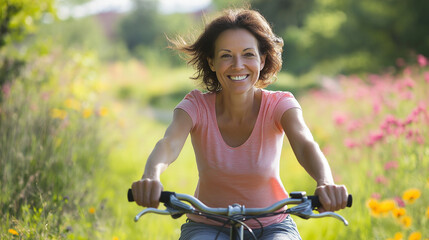  Happy middle-aged woman riding a bicycle through a scenic field, enjoying freedom, health, and an active lifestyle.