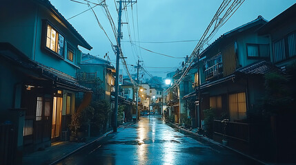 A beautiful japanese tokyo city town in the evening. houses at the street. anime comics artstyle. cozy lofi asian architecture. 16:9 4k resolution