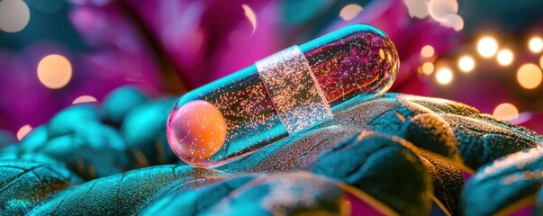 Explore the future of medicine with this vibrant image showcasing a transparent pill with glowing nanotech particles inside This futuristic medicine innovation highlights the potential of targeted
