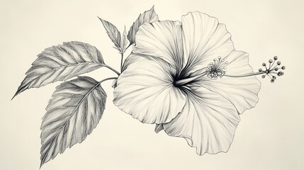 Fototapeta premium Old-style picture of a hibiscus flower. Detailed drawing of the bloom and leaf. Looks like a Hawaiian plant. Hand-drawn and on a white background.