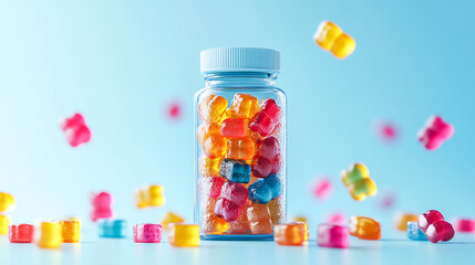 A bottle of colorful gummy chewable supplements surrounded by scattered gummies on a light blue background