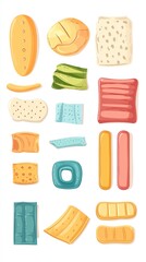 Colorful assortment of various shapes and sizes of crackers, biscuits, and snacks.