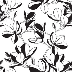 Tropical magnolia flowers branch. Beautiful line illustration. Seamless pattern.