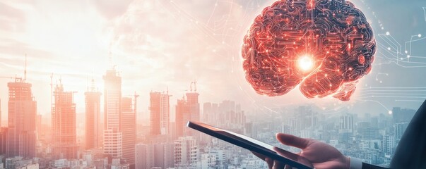 Artificial intelligence and technology depicted over a modern cityscape