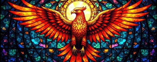 Fiery phoenix wings embracing a hawk, stained glass style, nature, spiritual