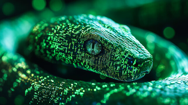 A computer screen displaying python code with a digital snake, symbolizing python programming for data engineering