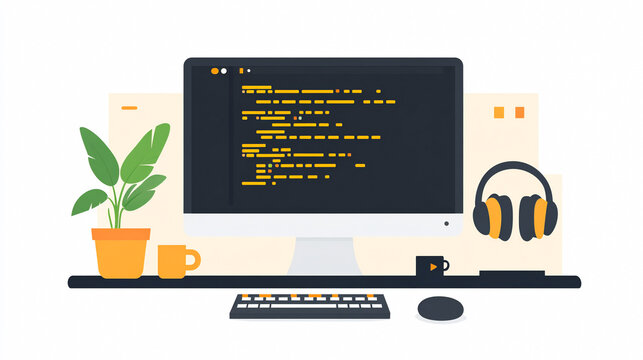 A computer setup with code on the screen representing learning python for data engineering main objects monitor keyboard plant headphones