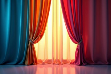 Curtain unveils vibrant hues, abstract backdrop, soft light; a moment of discovery and transformation.