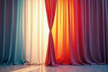 Curtain unveils vibrant hues, abstract backdrop, soft light; a moment of discovery and transformation.