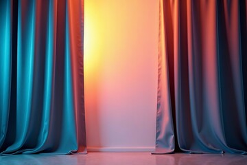 Curtain unveils vibrant hues, abstract backdrop, soft light; a moment of discovery and transformation.