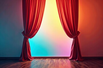 Curtain unveils vibrant hues, abstract backdrop, soft light; a moment of discovery and transformation.