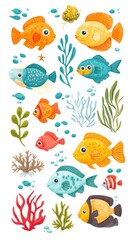 Colorful cartoon fish and sea plants illustration.