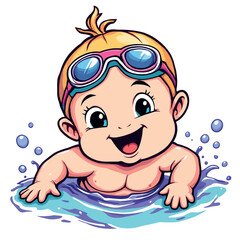 Vsai happy baby swimming and wearing goggles in a pool