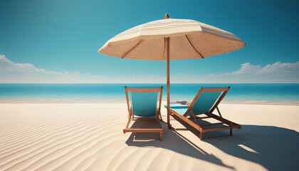 Hyper-realistic 3D render of a beach umbrella and sunbed on pristine white sand, with intricate textures, shadows, and vibrant colors for an ultra-detailed, luxurious vacation scene.