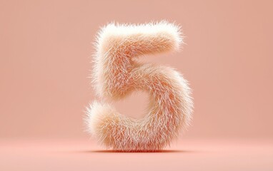 Fototapeta premium Number 5 covered in light fox fur, on a pastel peach background