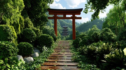 Explore a surreal cultural fantasy landscape featuring floating torii gates forming a path to a celestial temple in the sky, a breathtaking digital artwork Discover serene paths leading through lush